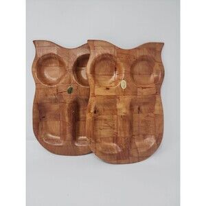 Owl Serving Tray platter Plate Woven Wood Dish Mid Century Modern set lot of 2